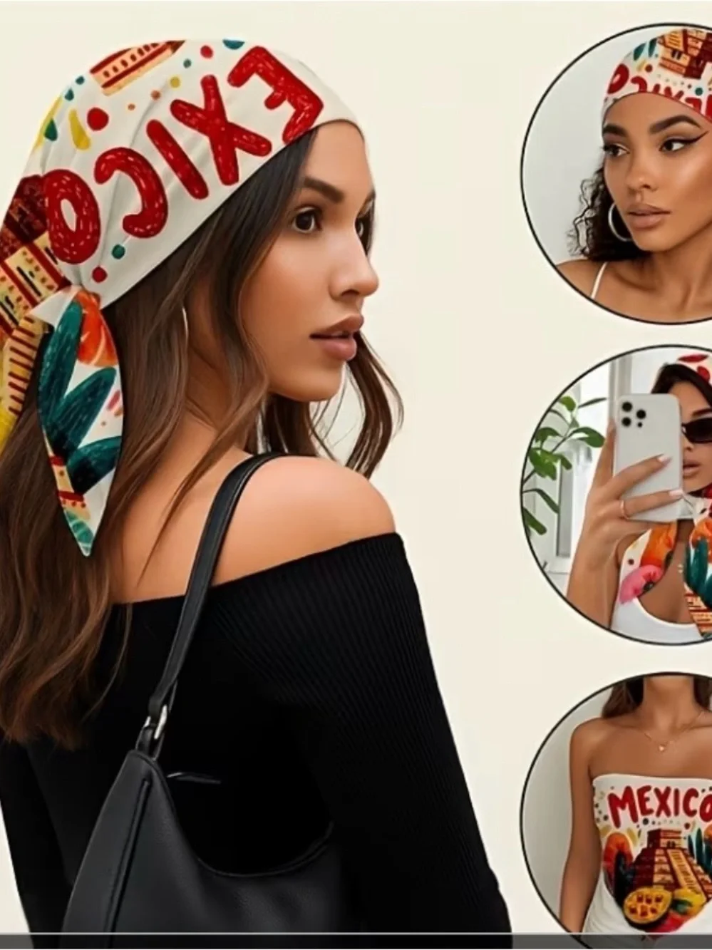 Silk-Feel Mexico Print Head Scarf - White Multi